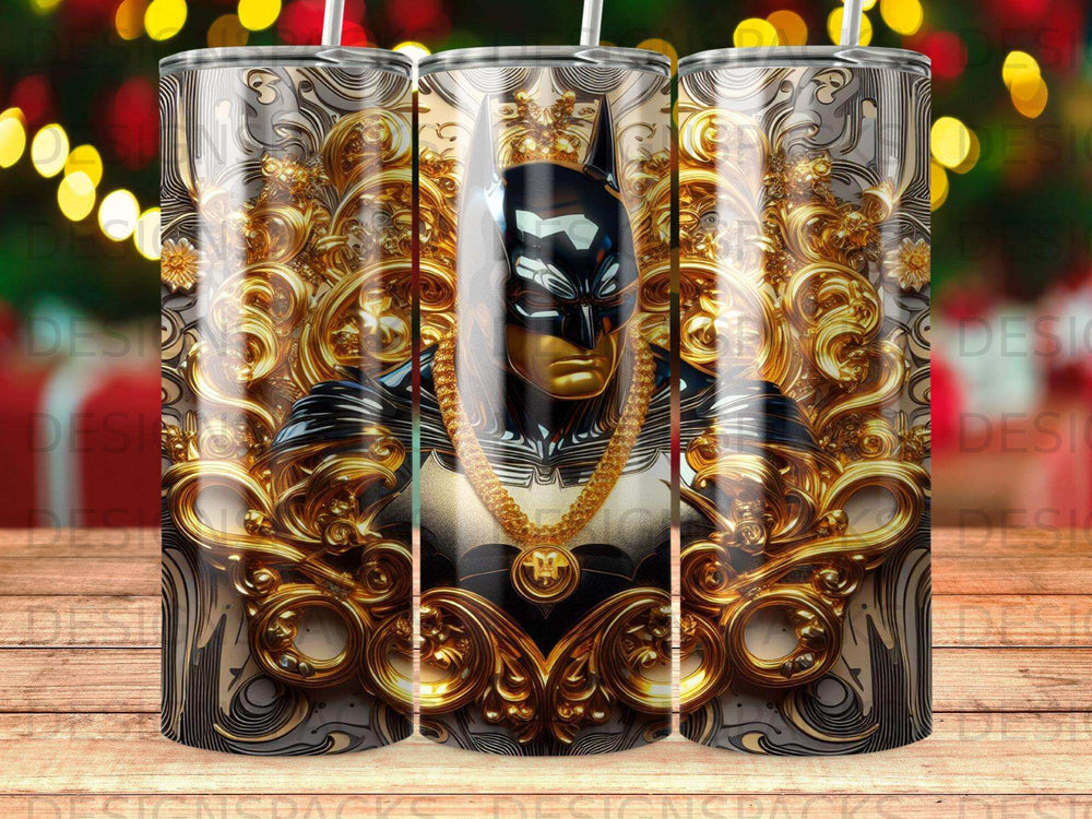 Batman portrait with ornate gold designs on a tumbler.