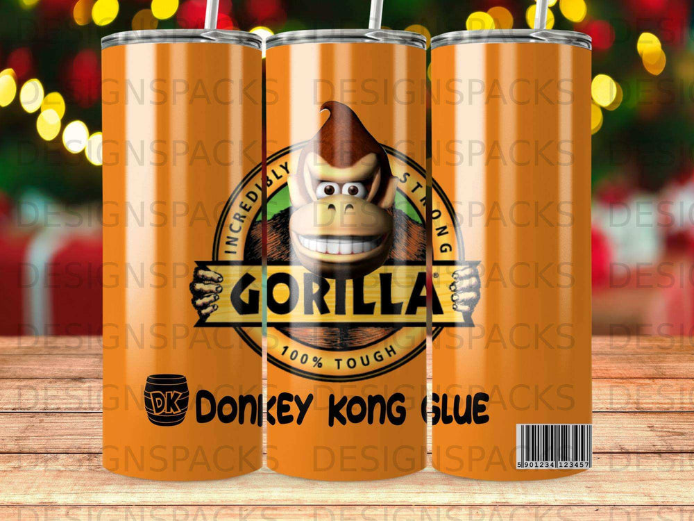 Donkey Kong with "100% Tough" and "Gorilla Glue" text on a tumbler.