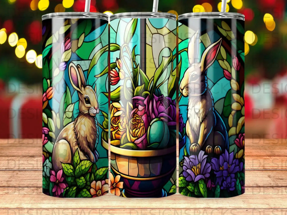 Two rabbits flank a basket of flowers against a stained-glass window.
