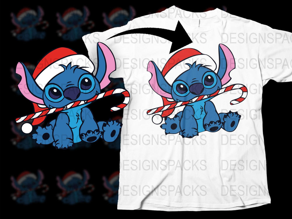 Festive Stitch Holiday T-Shirt, Cute Cartoon Alien in Santa Hat, Christmas Tee for Kids and Adults