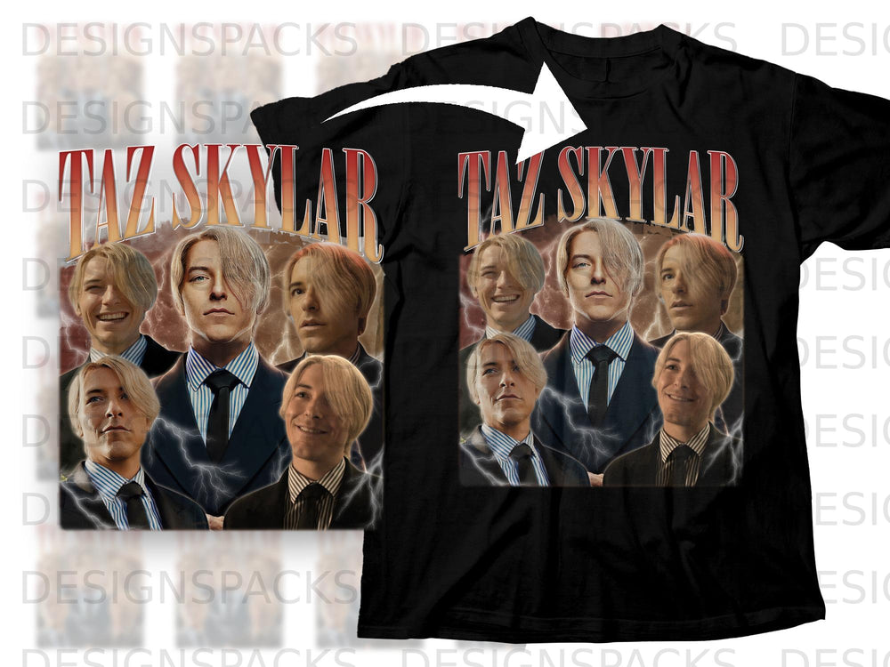 Black t-shirt with Taz Skylar montage and lightning graphic.