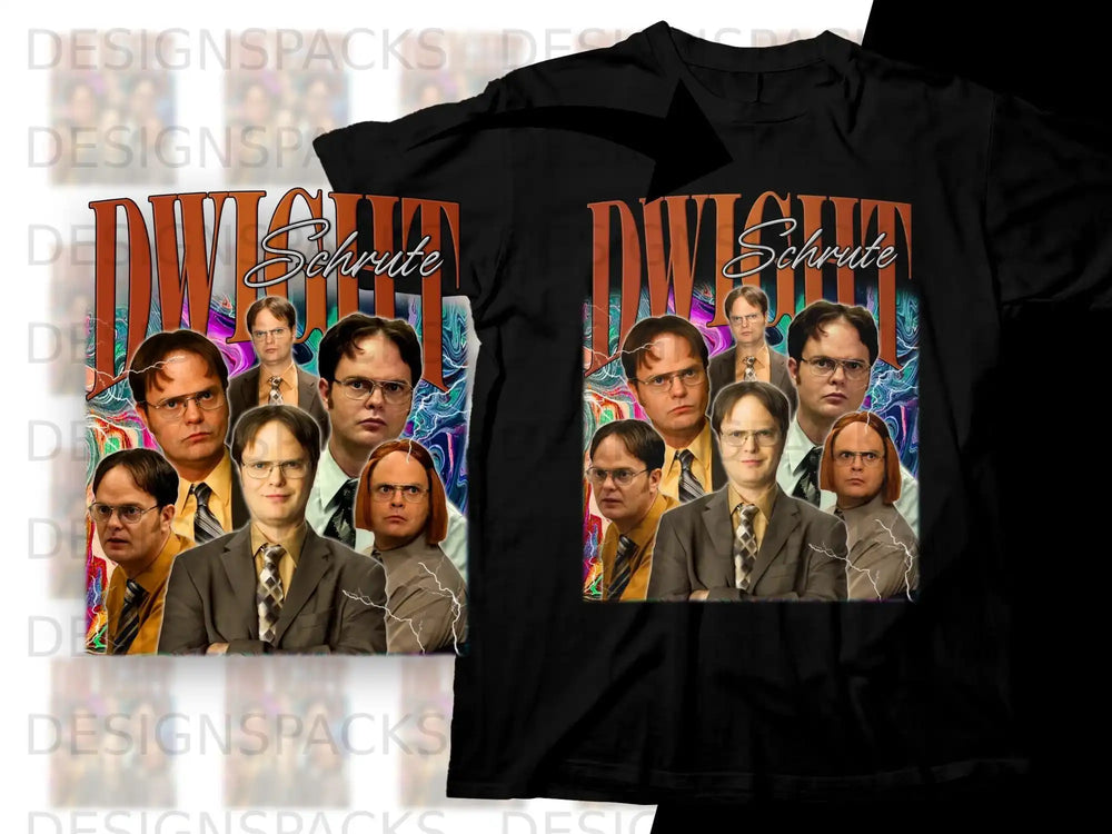 The Office Dwight Schrute cast collage on black t-shirt.