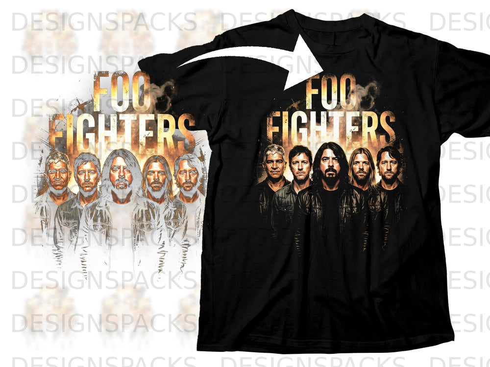 Foo Fighters band members and logo on a black t-shirt.