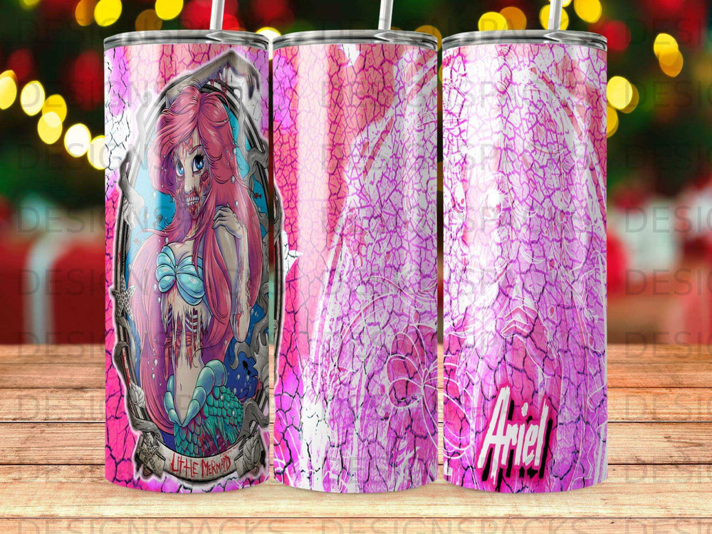 The Little Mermaid Ariel with pink cracked background and glowing effects.
