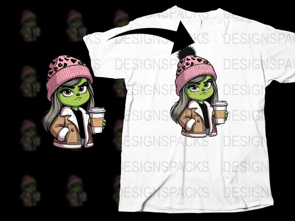 Trendy Green Monster Girl with Coffee Graphic T-Shirt, Pink Beanie Leopard Print, Unique Casual Wear