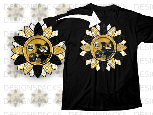 Black t-shirt with a sunflower graphic featuring Missouri Tigers logos and helmets.