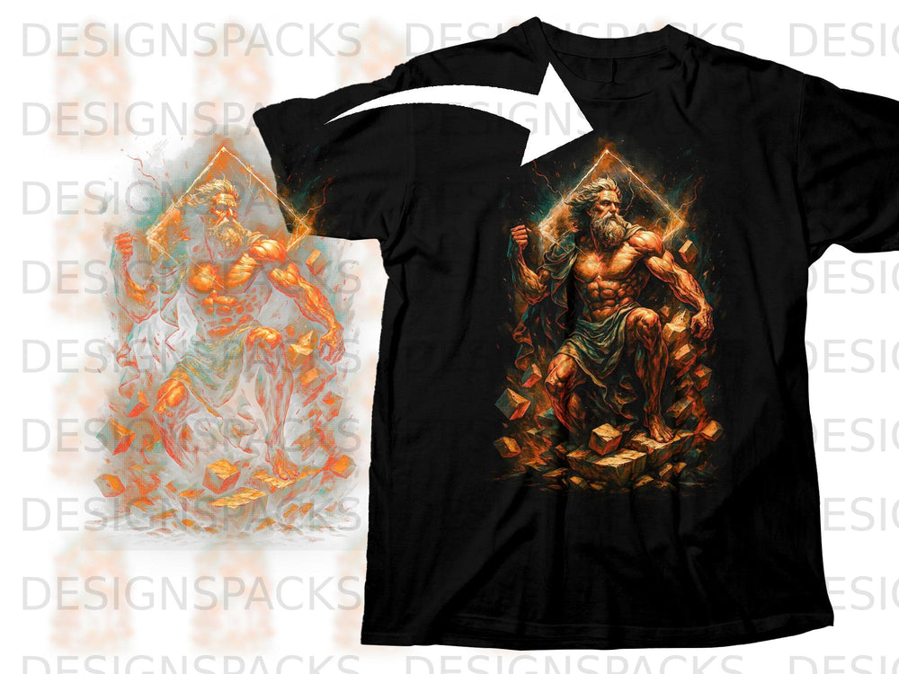 Black t-shirt with graphic of muscular Zeus with lightning and geometric frame.