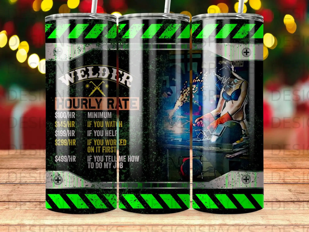 Welder hourly rate tumbler with green stripes and a welding scene.