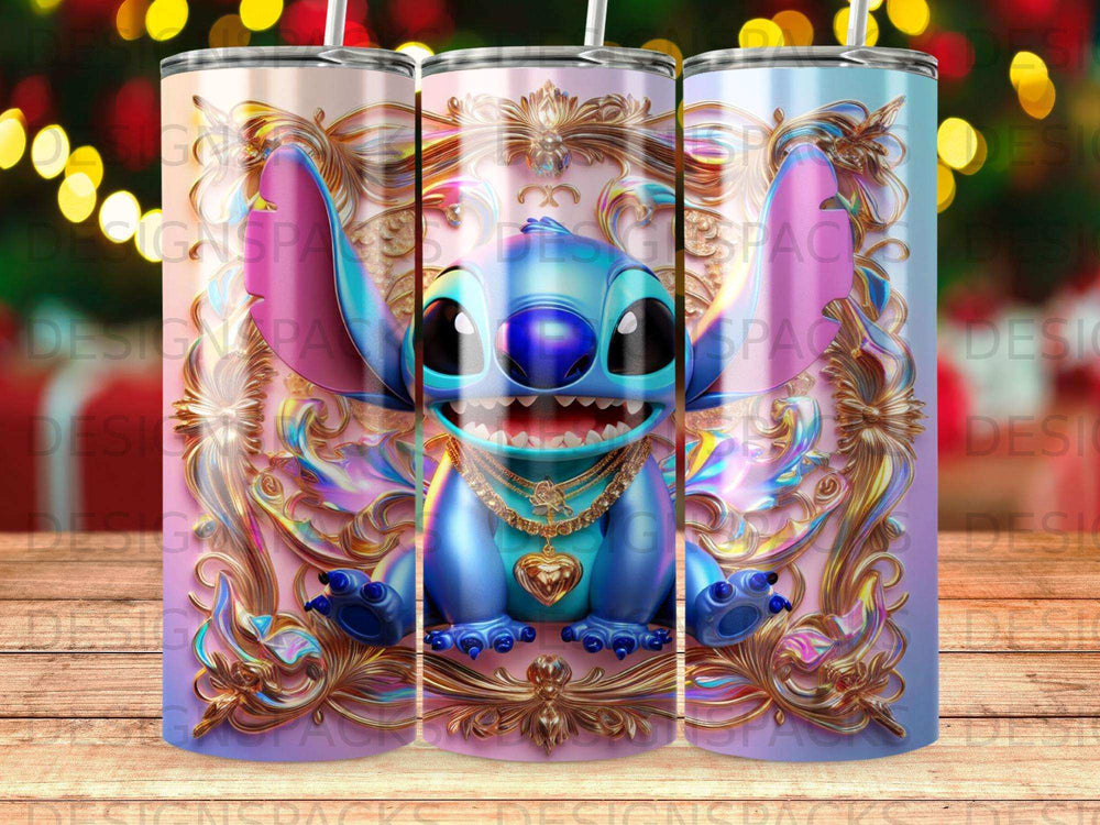 Blue alien Stitch character with gold chain necklace on ornate pink and gold background.
