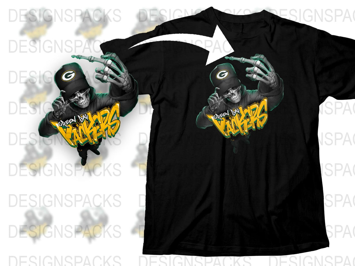 Green Bay Football Fan T-Shirt, Cool Graphic Skeleton Design, Sports Apparel for Game Day