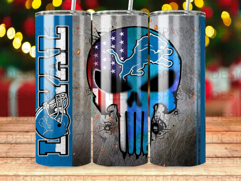 Detroit Lions football helmet and American flag tumbler cup.
