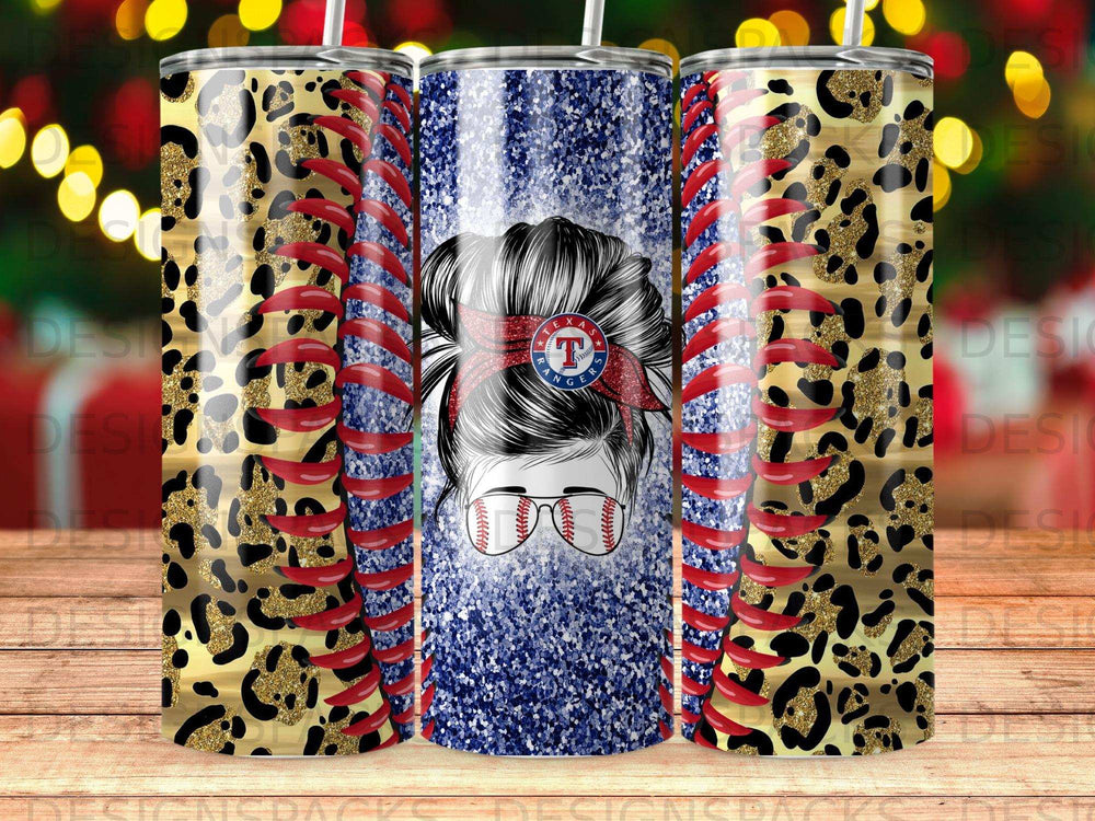 Leopard print and baseball themed tumbler with Texas Rangers logo.