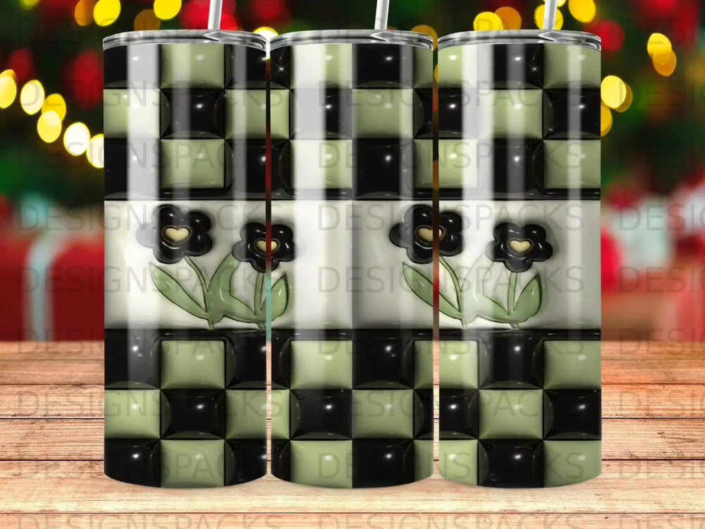 Checkerboard pattern with black flowers and green leaves.