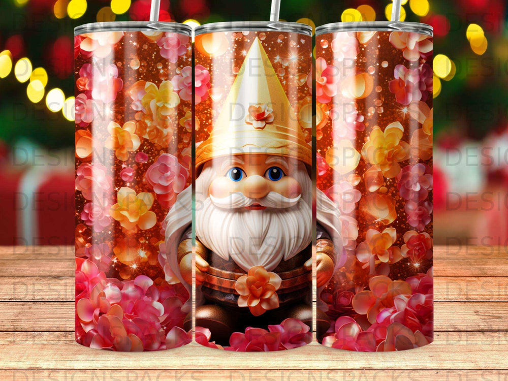 Gnome with floral pattern on a tapered tumbler.