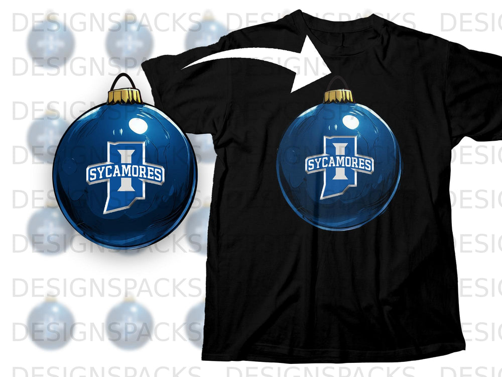 Black t-shirt with a blue Christmas ornament featuring the "Sycamores" logo.
