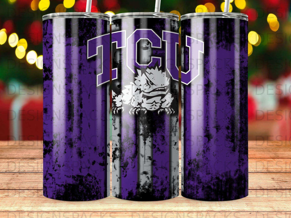 TCU frog logo on a purple and black striped tumbler.