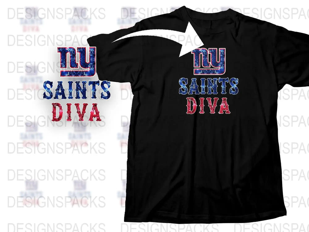 NY Saints Diva T-Shirt, Black Graphic Tee, Sparkling Text Design, Women's Fashion Top