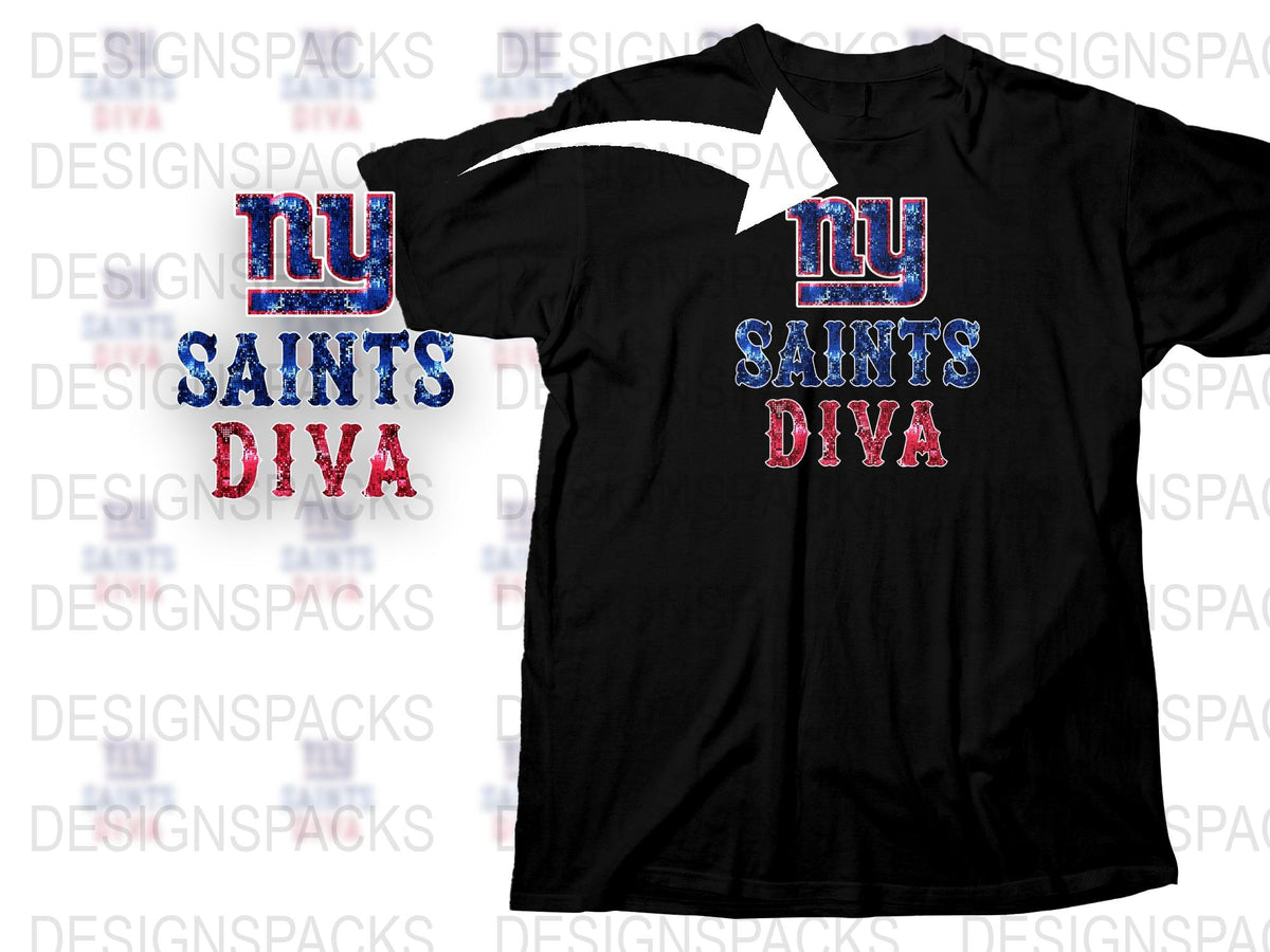 NY Saints Diva T-Shirt, Black Graphic Tee, Sparkling Text Design, Women's Fashion Top