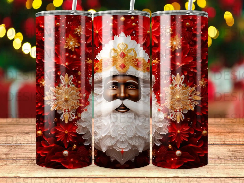 Santa Claus with ornate crown and floral accents on a red background.