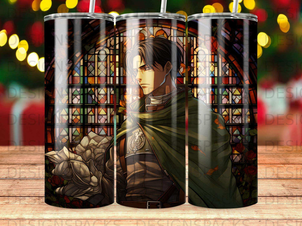 Anime character Levi Ackerman with green cloak against stained glass background.