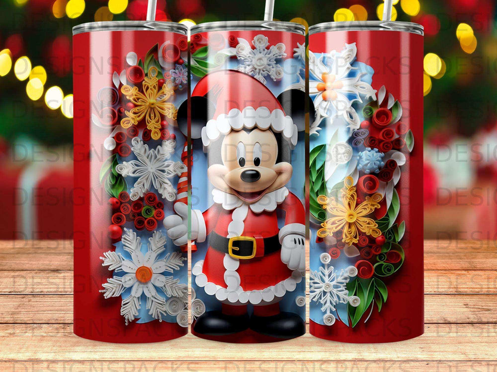 Mickey Mouse in Santa costume with snowflakes and red and white stripes.