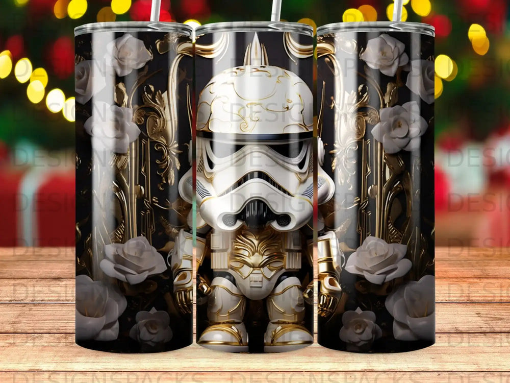 Stormtrooper figure with gold armor and floral accents on a decorative background.