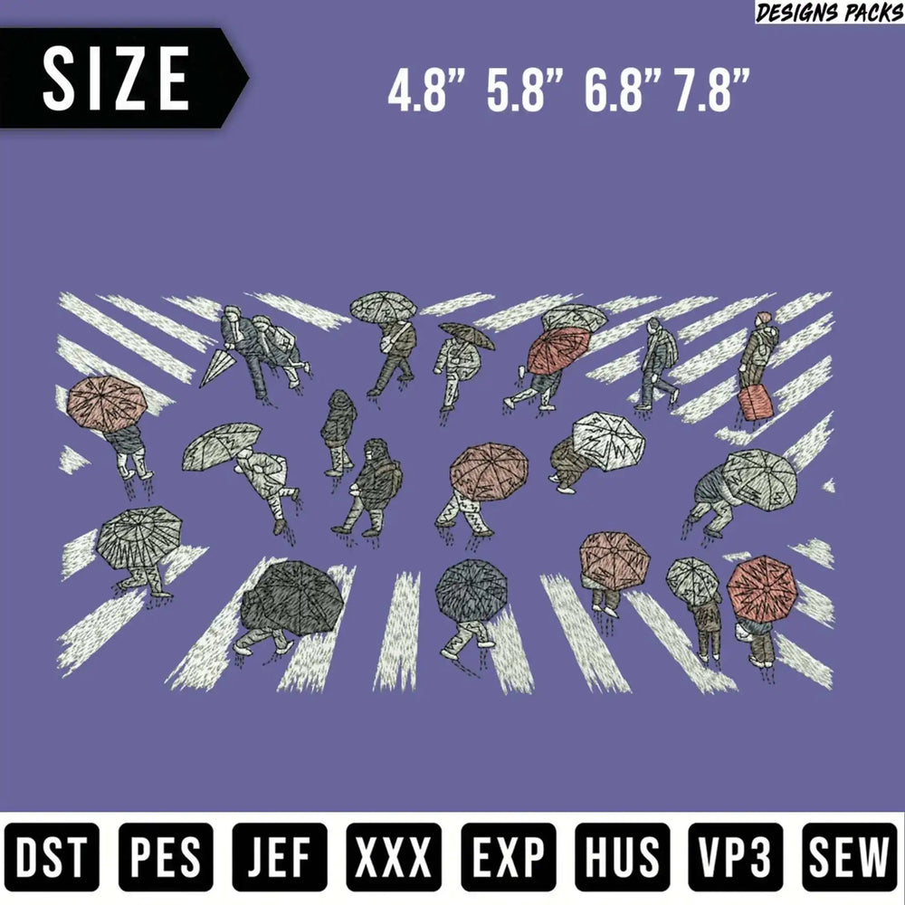 Embroidery design pack featuring diverse people with umbrellas on a striped background.
