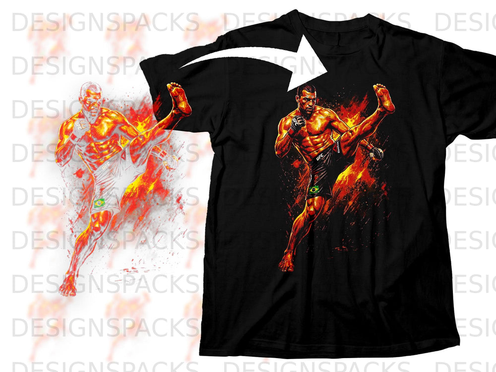 Black t-shirt with graphic of MMA fighter performing a kick in fiery style.