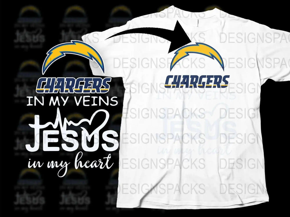 Chargers Football T-Shirt, Jesus in My Heart, Sports Fan Apparel, Inspirational Christian Clothing, Unisex Adult Sizes