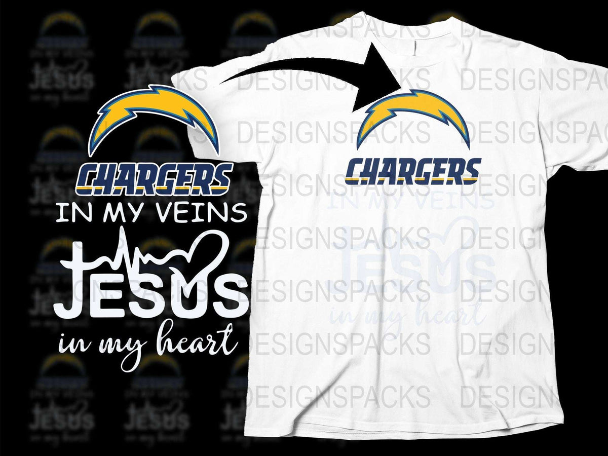 Chargers Football T-Shirt, Jesus in My Heart, Sports Fan Apparel, Inspirational Christian Clothing, Unisex Adult Sizes