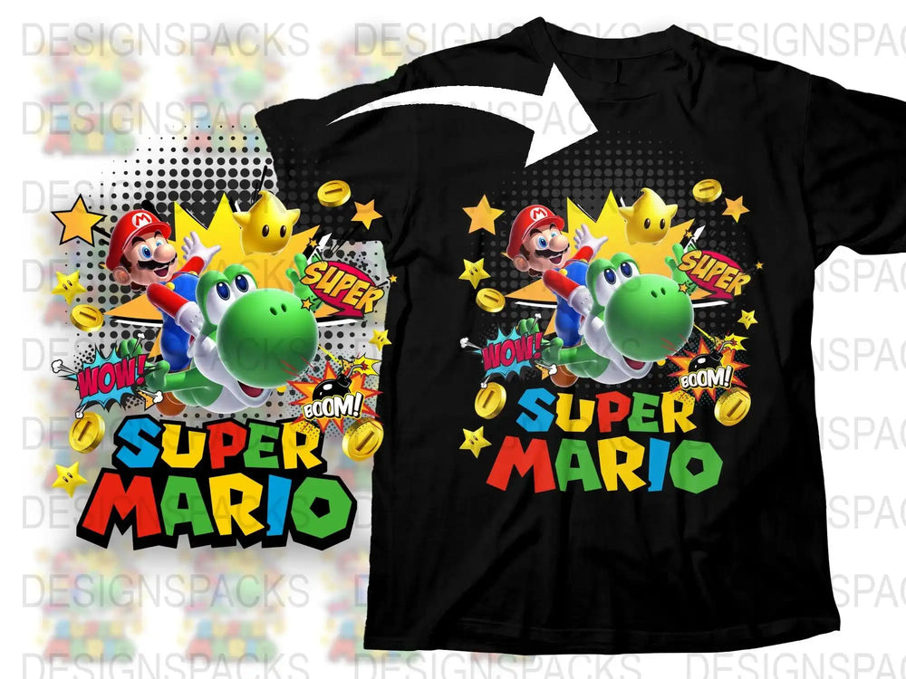 Super Mario Graphic T-Shirt, Colorful Mario and Yoshi Design, Kids and Adult Sizes, Casual Wear