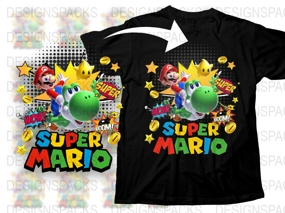 Super Mario Graphic T-Shirt, Colorful Mario and Yoshi Design, Kids and Adult Sizes, Casual Wear