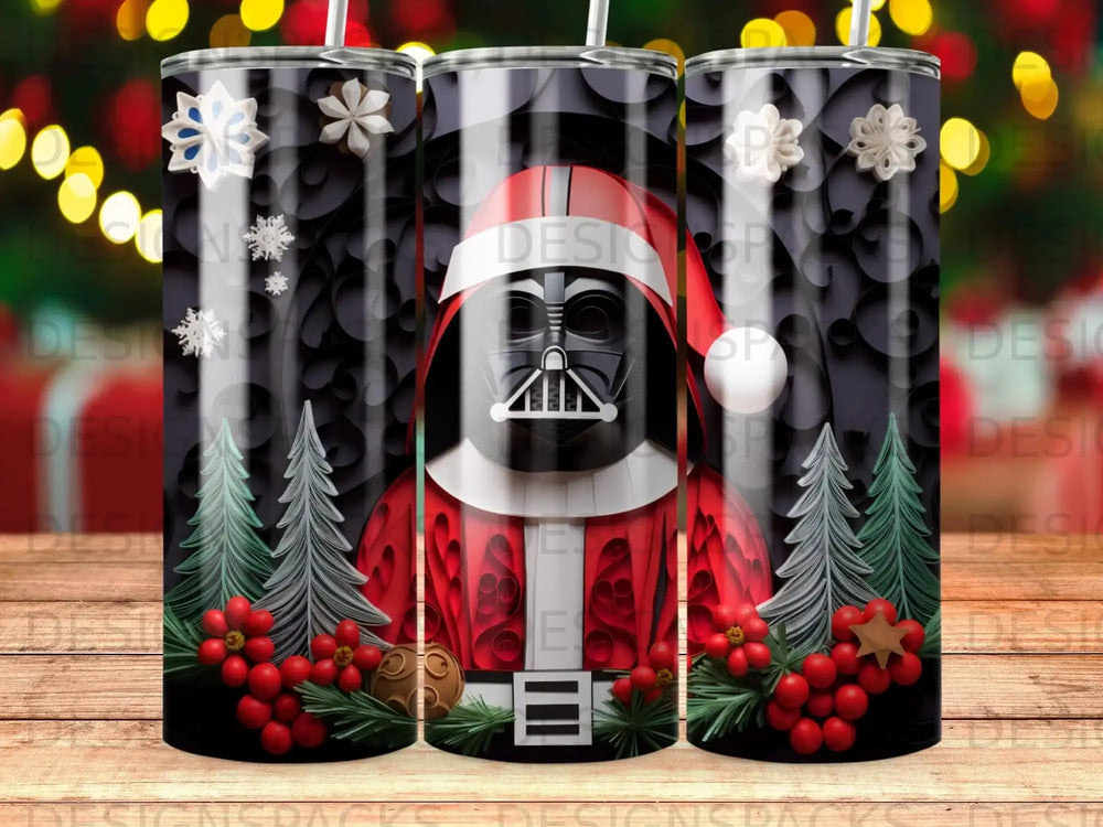 Darth Vader in a Santa hat, with festive trees and ornaments.