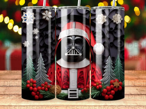 Darth Vader in a Santa hat, with festive trees and ornaments.