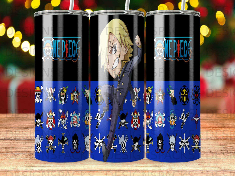 One Piece tumbler with Sanji and various Jolly Roger icons.
