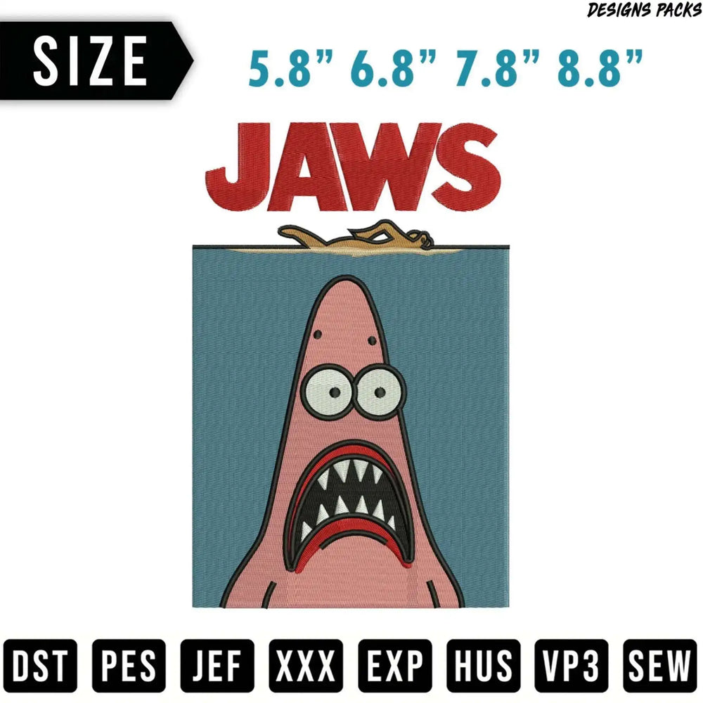 Embroidery design: Jaws shark with Patrick Star head, multiple sizes and formats.