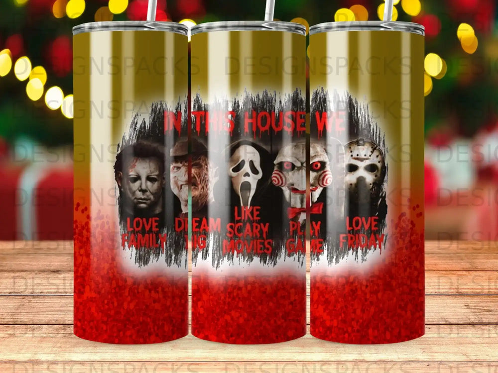 Tumbler with horror movie characters and "Love, Dream, Scary, Play, Love, Friday" text.