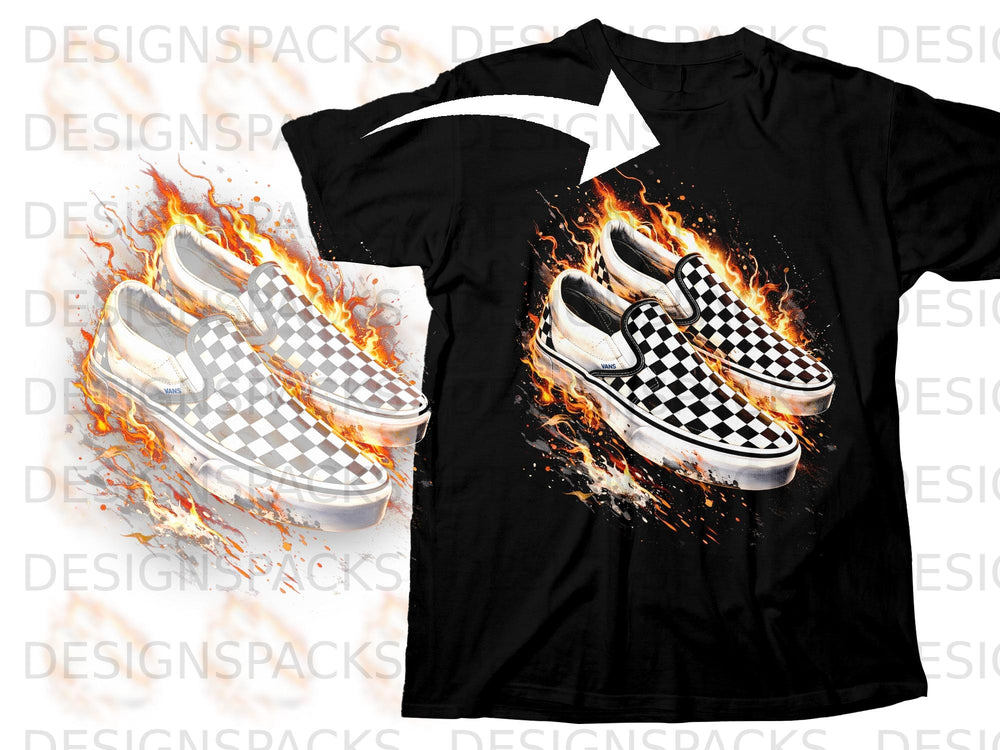Black t-shirt featuring Vans checkerboard slip-on shoes engulfed in flames graphic.