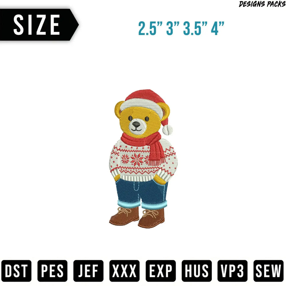 Embroidered teddy bear wearing a Santa hat, sweater, and jeans.