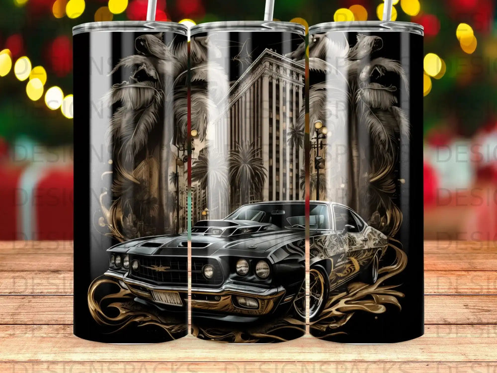 Black classic muscle car with palm trees and city buildings on a tumbler.
