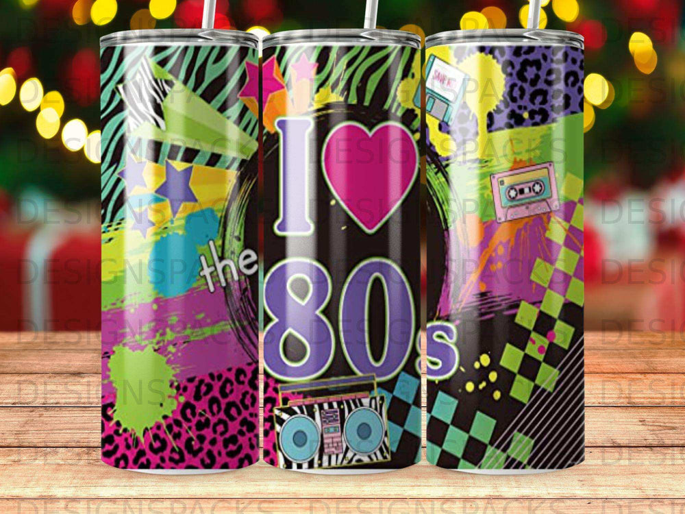 Retro 80s design tumbler with cassette tape and "I love 80s" text.