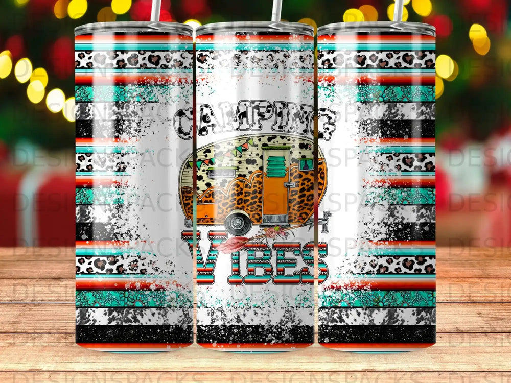 Camp Vibes tumbler with leopard print, turquoise, and black tribal patterns.