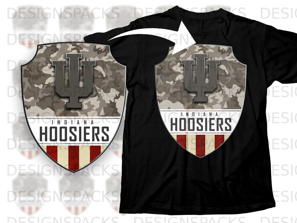 Black t-shirt with Indiana Hoosiers shield logo featuring camouflage and red stripes.