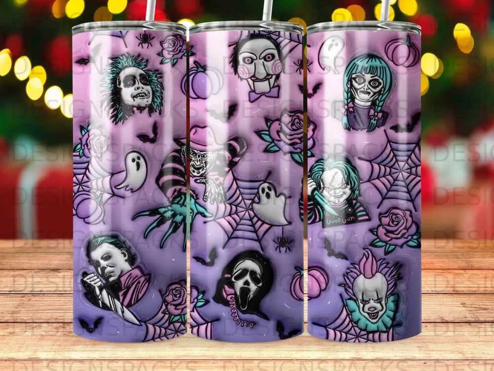 Purple tumbler wrap with horror movie villains and Halloween motifs.