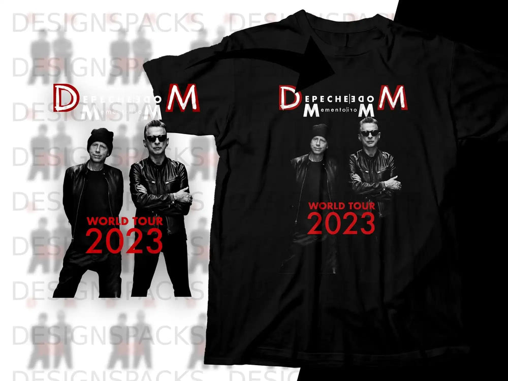 Depeche Mode World Tour 2023 t-shirt with band members on front.