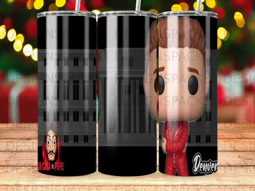 La Casa de Papel Denver character on a tumbler with city skyline.