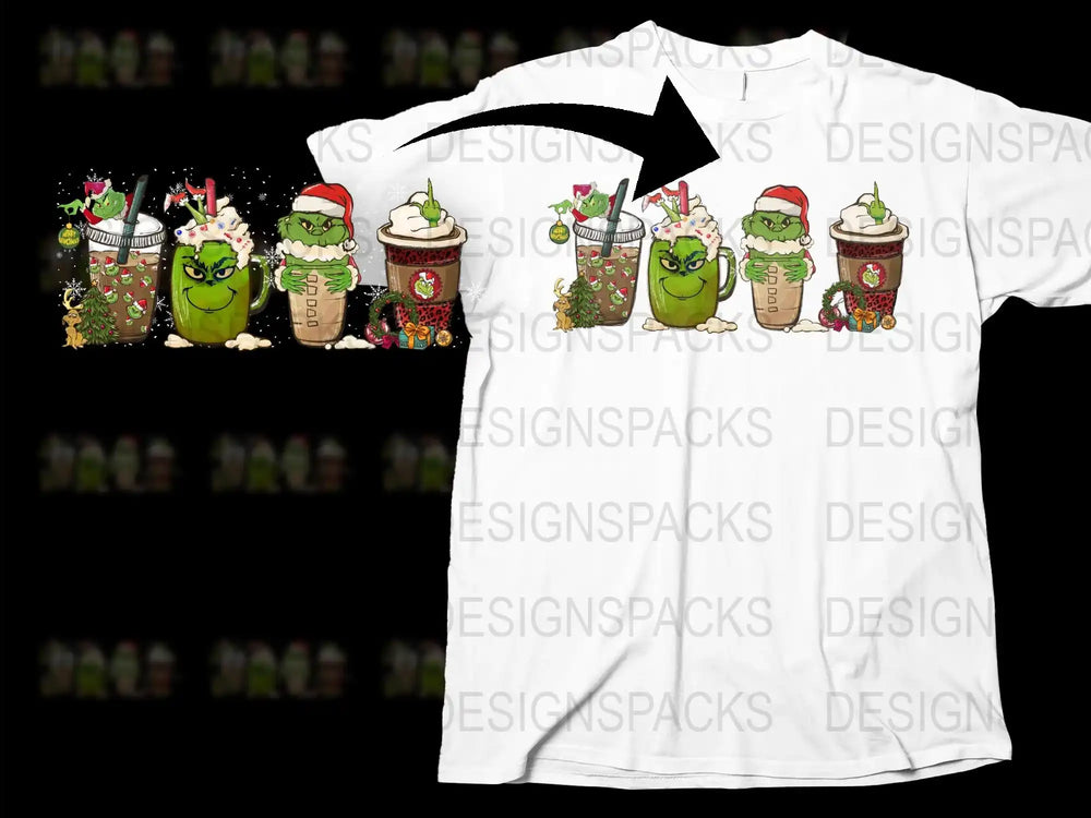 Festive Holiday T-Shirt with Cartoon Grinch and Coffee Cups Design, Unisex Christmas Tee Gift