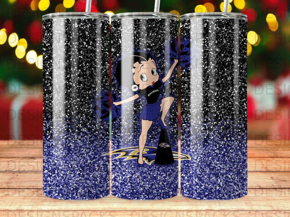 Betty Boop in Baltimore Ravens uniform with pom-poms, glitter background.