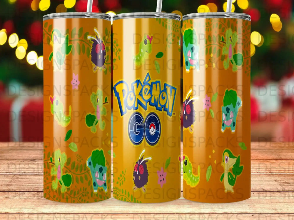 Pokemon Go tumbler featuring Bulbasaur, Charmander, Squirtle, and other characters.