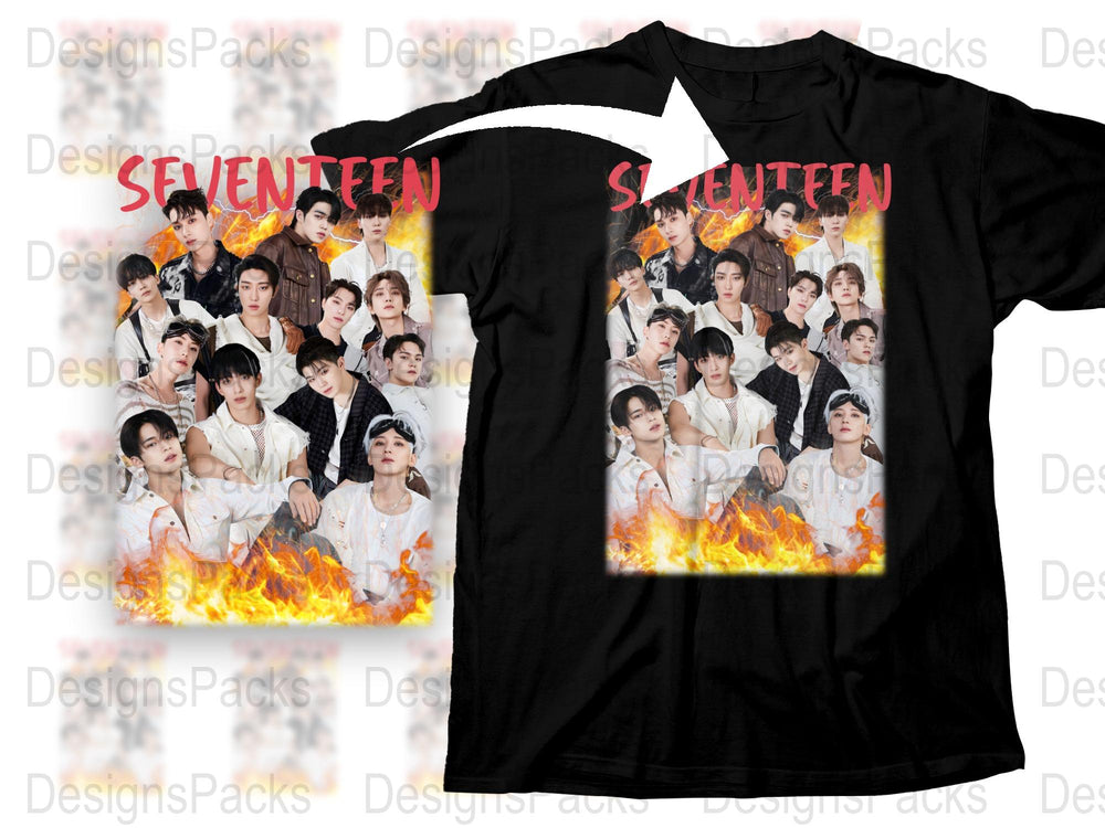 SEVENTEEN K-Pop Band Graphic T-Shirt, Fire Design, Pop Music Fan Merch, Unisex Tee